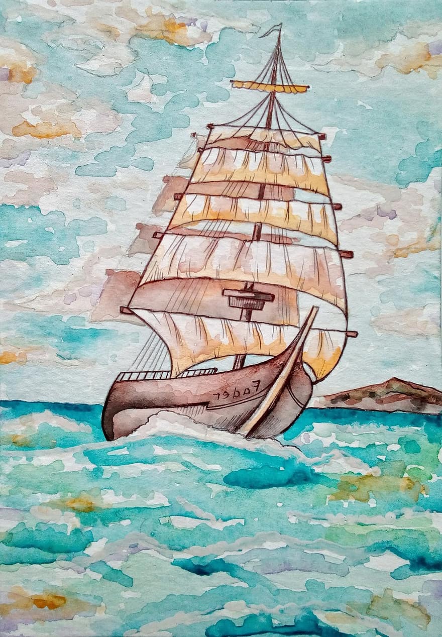 Painting, Watercolor, Figure, Ship, Sailboat, Sea, Ocean, Water, Summer, Travel, Coast