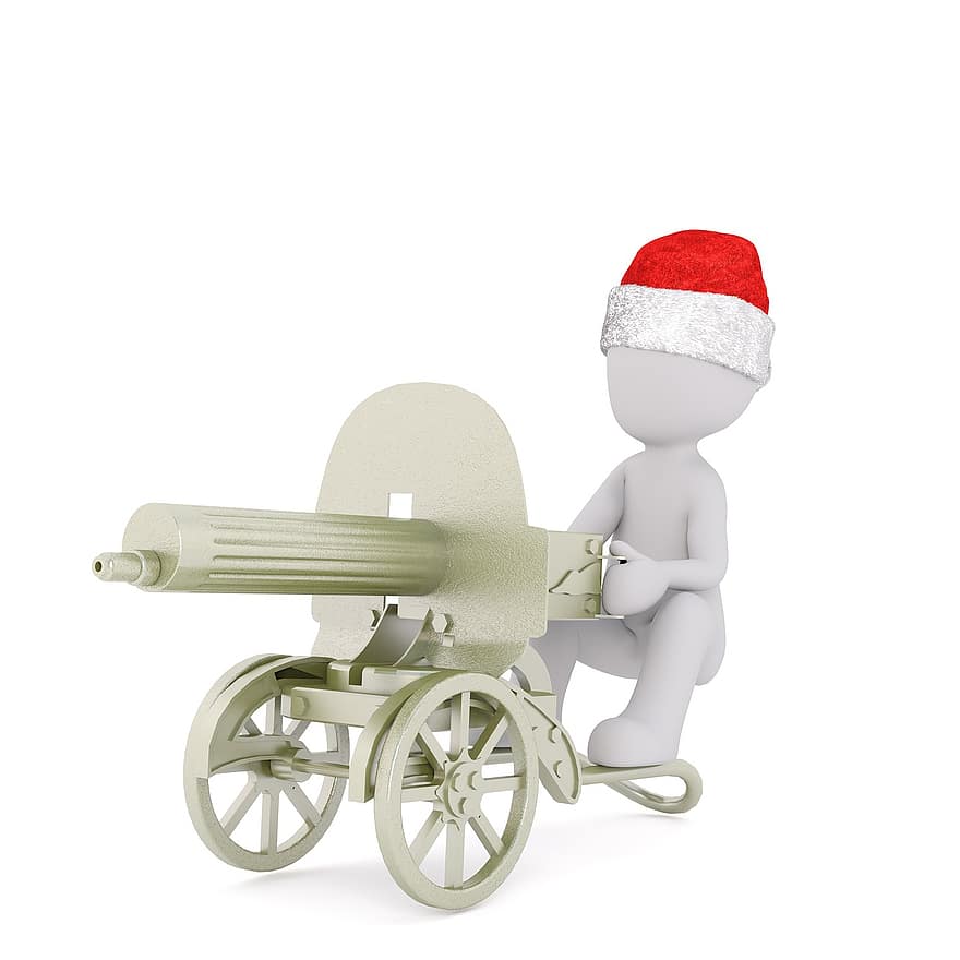 白人男性、3Dモデル、全身、3D、白、孤立した、クリスマス、サンタの帽子、銃、戦争、攻撃