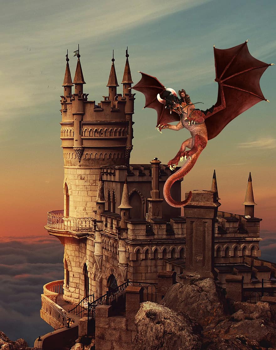 achtergrond, kasteel, draak, fantasie, digitale kunst
