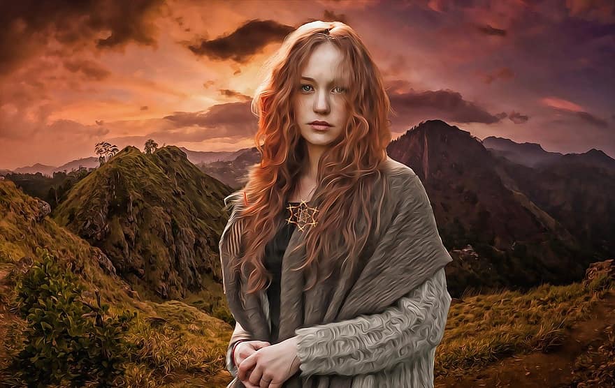 mulher celta, fêmea, jovem, pagão, bruxa, medieval, misterioso, floresta, montanhas, atraente, mulher fantasia
