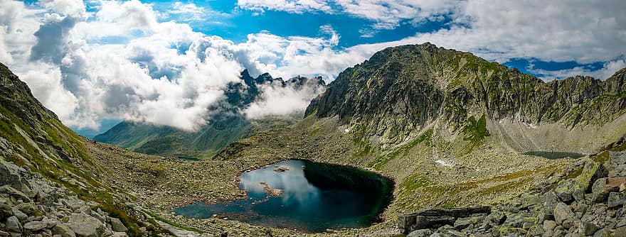 montañas de tatra, montañas, lago, agua, Eslovaquia, paisaje, naturaleza, rocas, cordillera, cielo nublado, rural