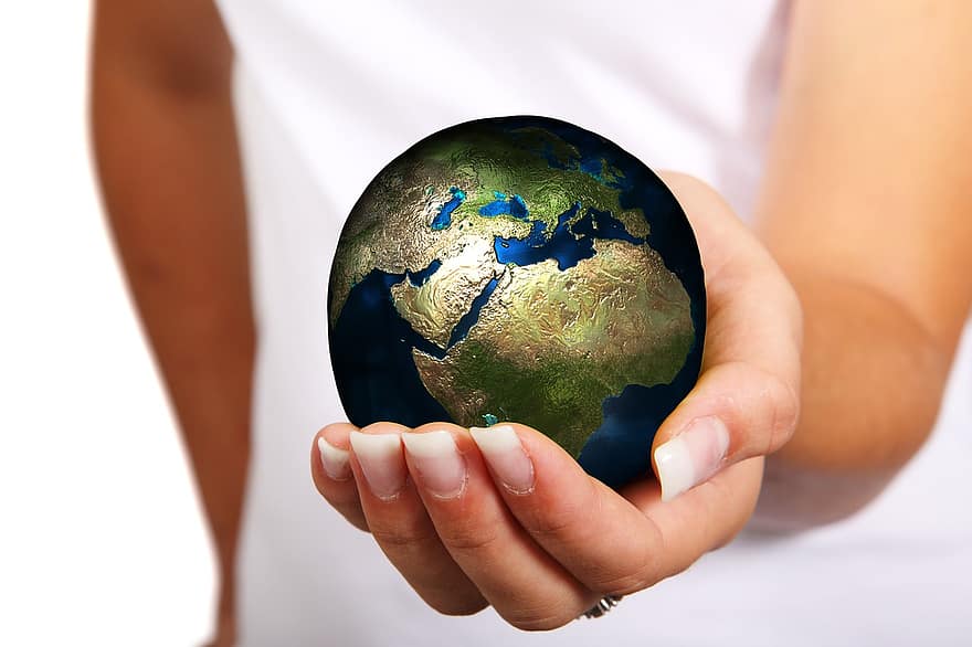 женщина, рука, земной шар, Европа, Африка, Азия, мяч, держать, презентация, женский пол, предлагает