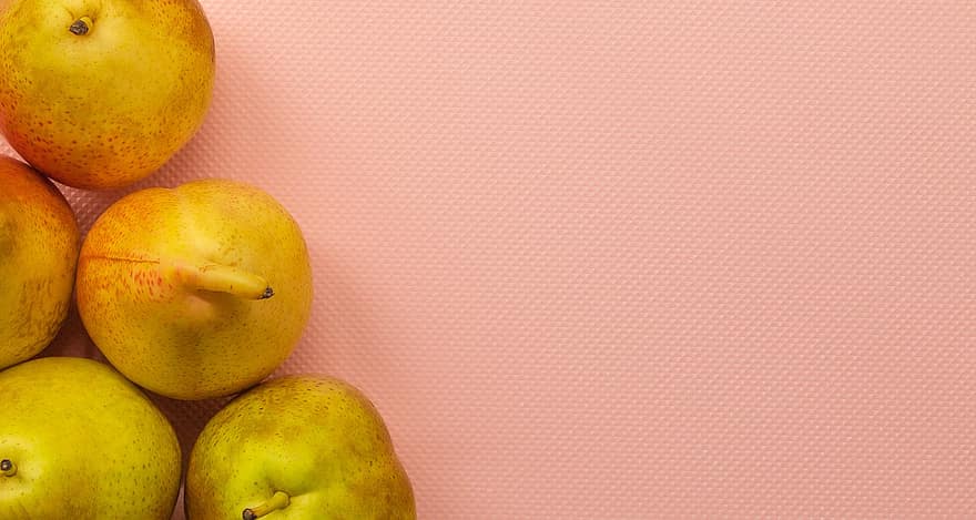 Food, Fruit, Pears, Yellow, Pink Background, Top, Five Pieces, Fresh, Raw, Whole, Summer