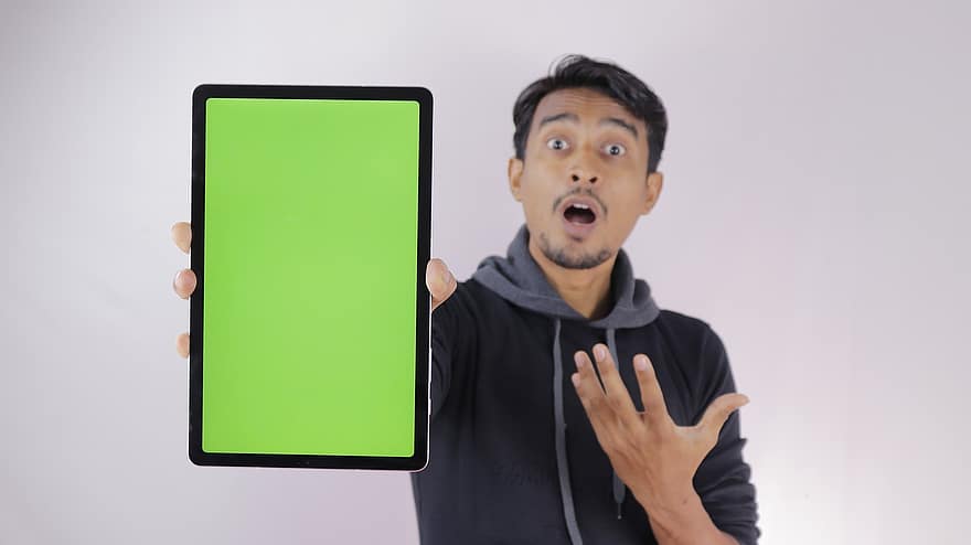tableta, monitor, pantalla, pantalla verde, sorpresa, cara, expresión