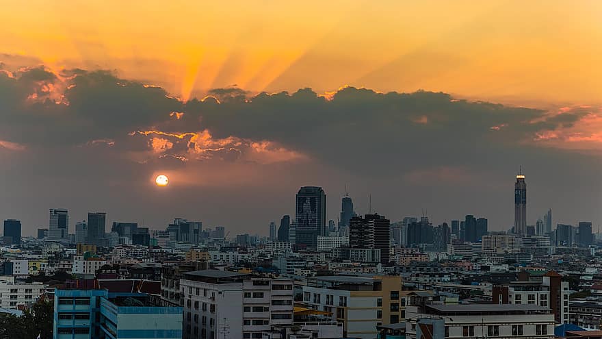 Bangkoka, Taizeme, saulrieta, pilsētas ainava, pilsēta, horizonts, ēkām, Āzija, krēslas, pilsētas panorāma, krēsla