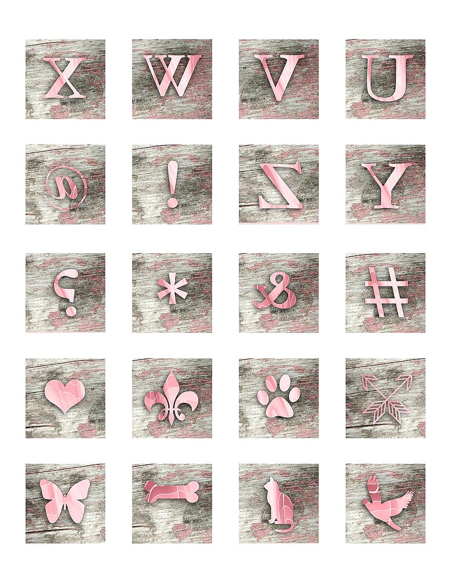 alfabet, brief, blok, symbool, adelaar, vlinder, bot, kat, poot, afdrukken, hout