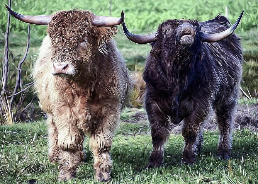 Beef, Bull, Pasture, Agriculture, Cattle, Livestock, Ruminant, Horns, Galloway, Highland Beef, Boy