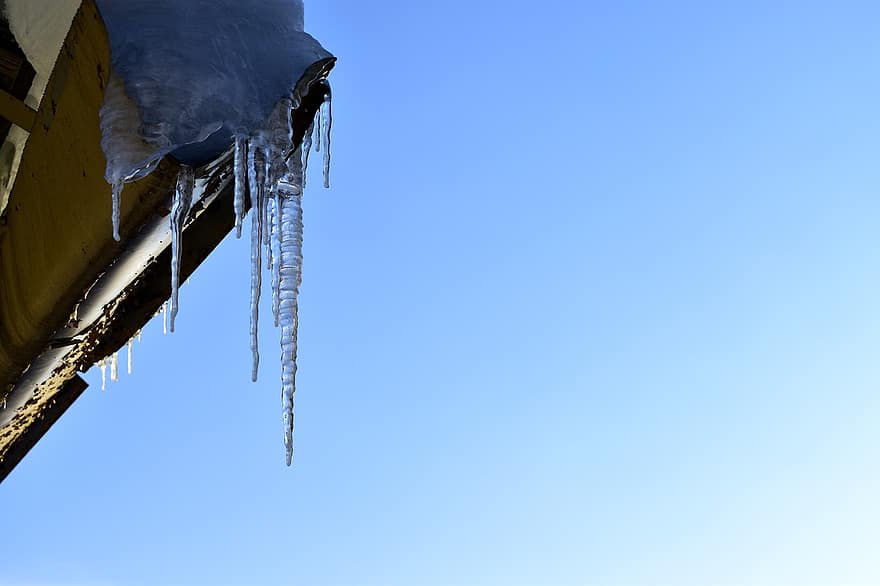 Icicles, Winter, Gutter, Sky, Roof, Ice