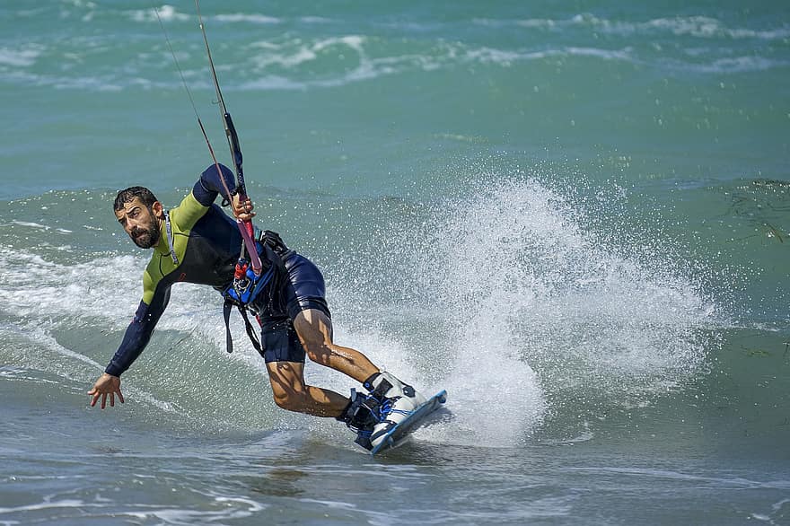 homme, planche, parachute, océan, vague, sports nautiques, mer, kite surf, kite board, vent, plage