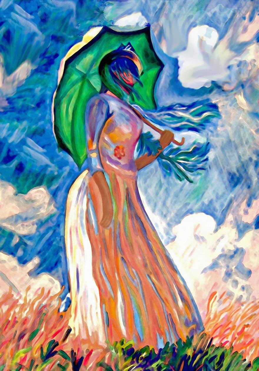 Madame Monet, olajfestmény, Monet, nő esernyő, impresszionizmus, festés, művészeti, ég, felhők, mező, tájkép