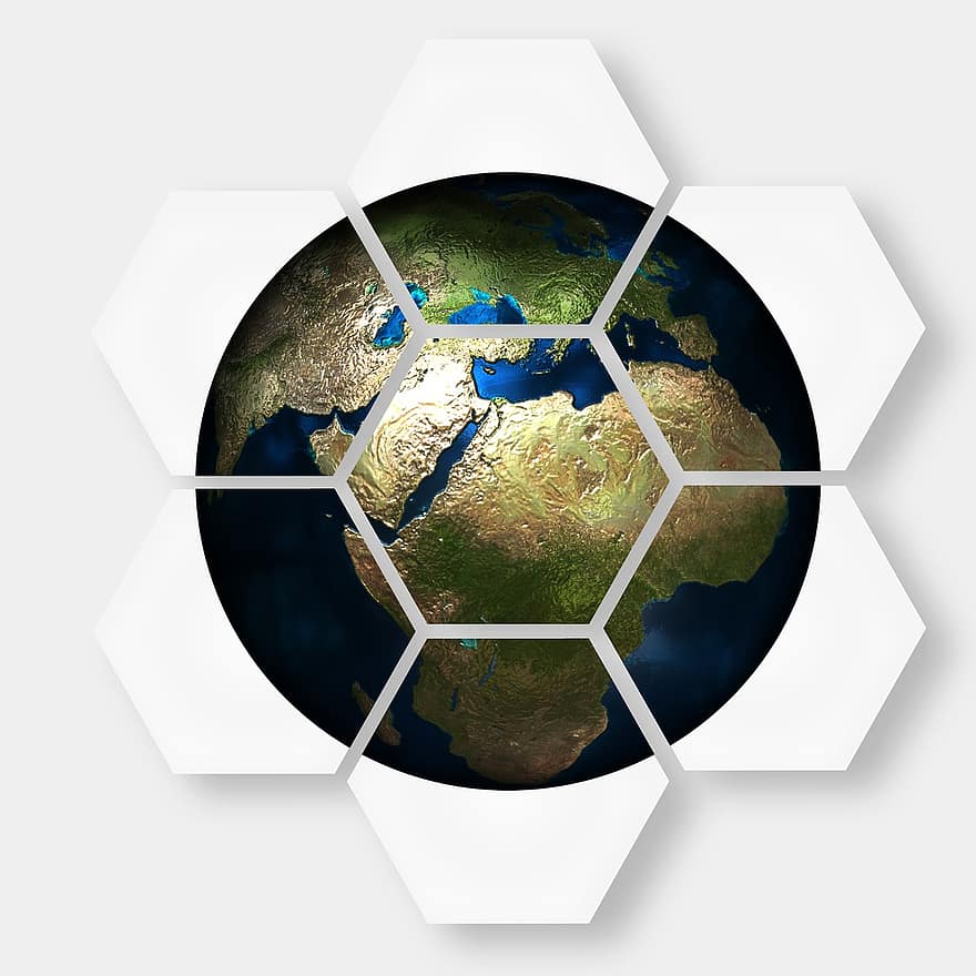 шестиугольник, бриллиант, земной шар, континенты, Африка, Европа, сотовая структура, шестиугольный, расчески