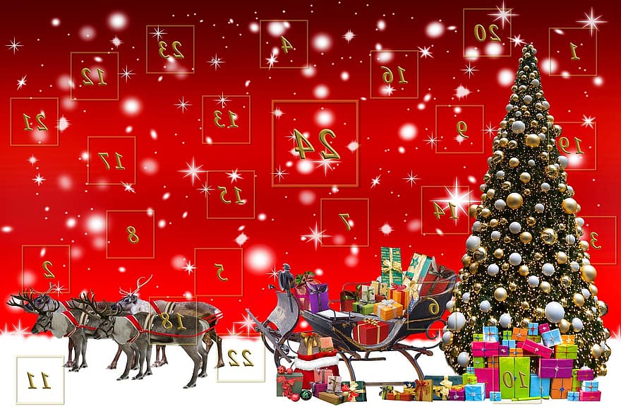 fundo, advento, calendário, Papai Noel, deslizar, rena, presentes, alegria, neve, frio, Floco