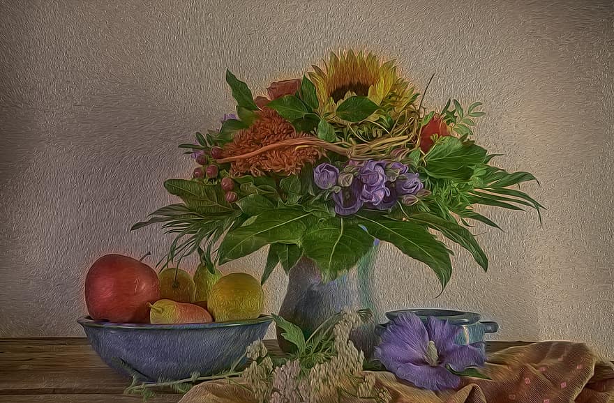 puokštė, gėlės, romantiškas, vaza, vaisiai, natiurmortas