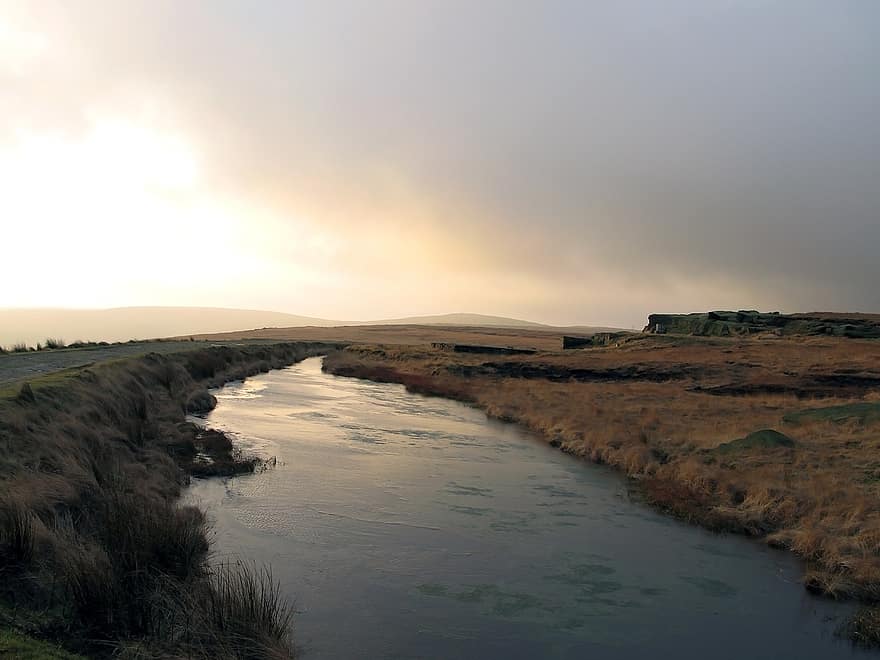 River, Stream, Lake, Plains, Prairie, landscape, water, grass, sunset, summer, rural scene