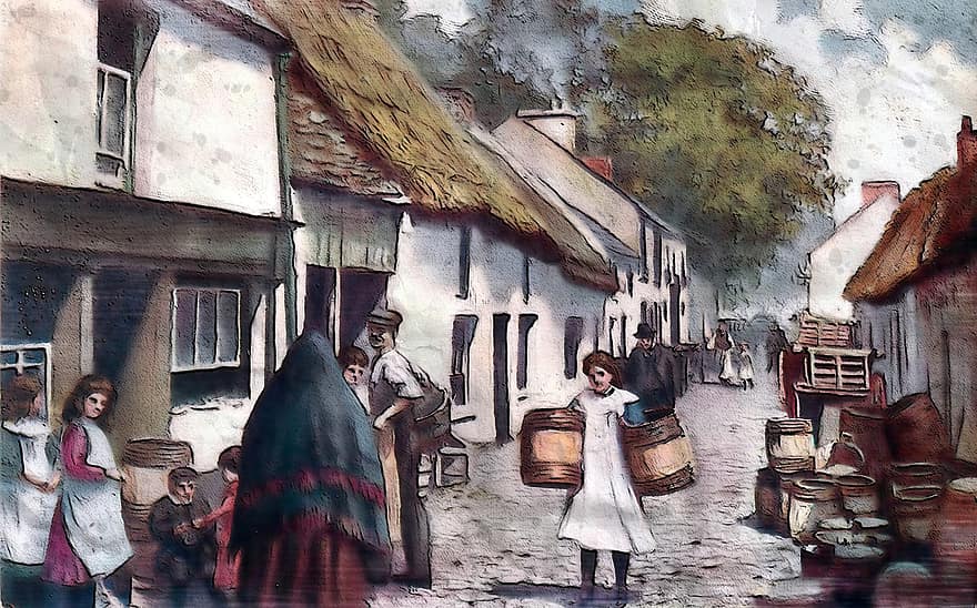 Scena di strada di Killarney, Vintage ▾, vecchio, classico, scena, all'aperto, urbano, cittadina, persone, bottiglia, barile