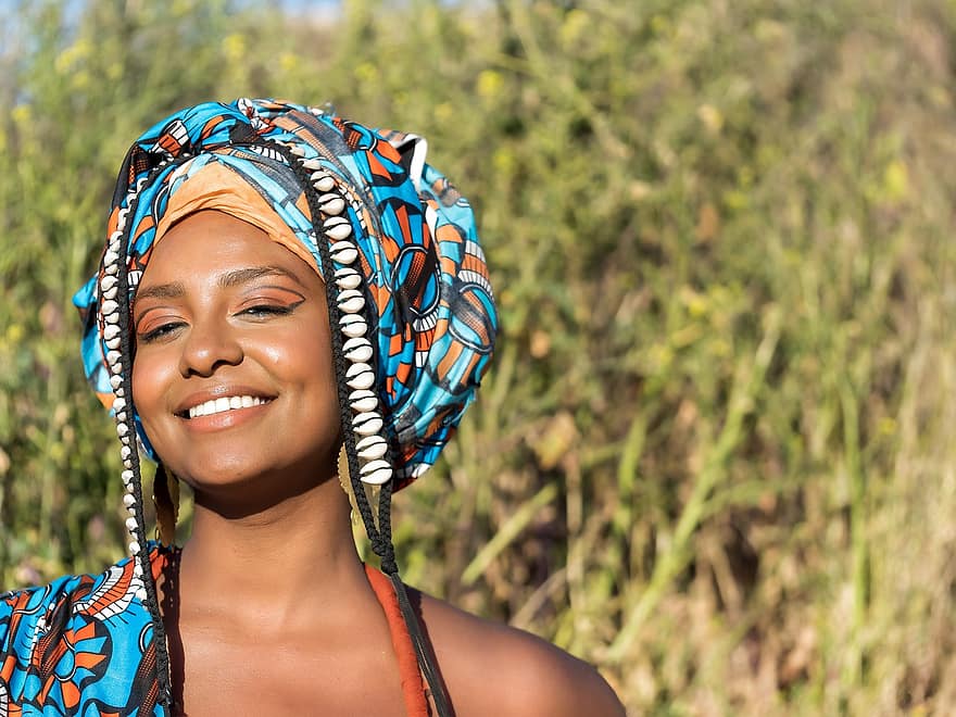Afrikaanse vrouw, vrouw, portret, Afrikaanse kleding, glimlachen, natuur