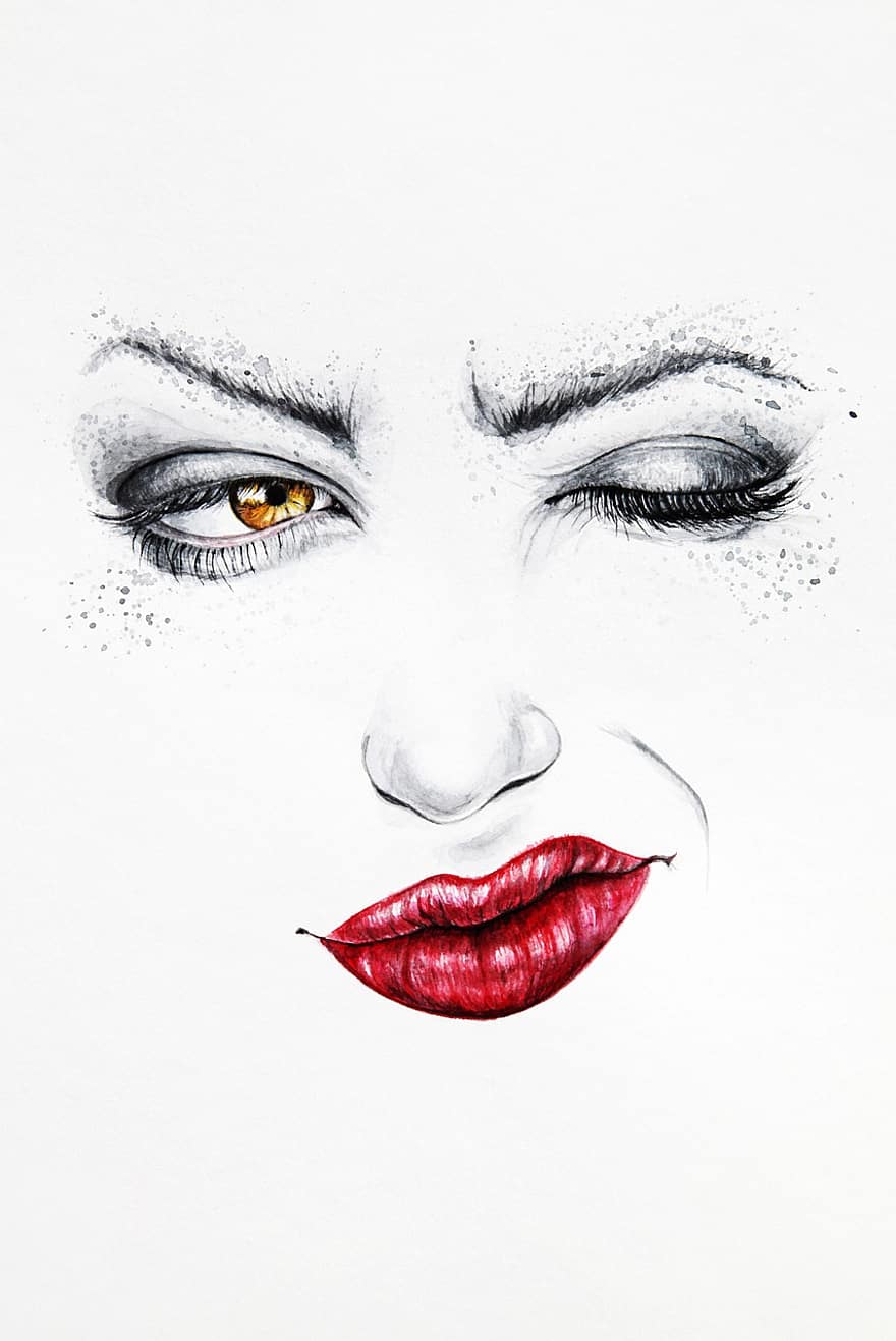Wink, Female, Woman, Winking, Traditional, Drawing, Painting, Red Lips, Lips, Funny, Cute