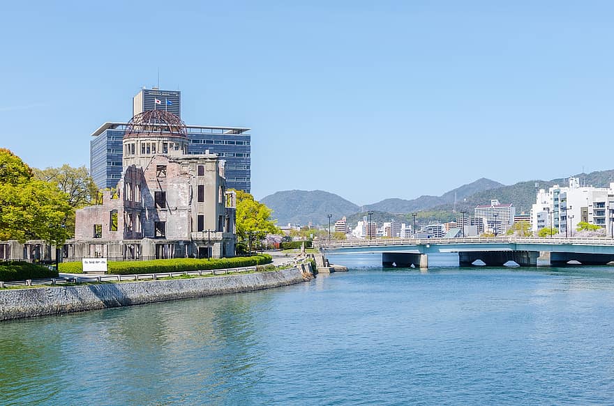 हिरोशिमा, जापान, परमाणु बम गुंबद, पर्यटन, आर्किटेक्चर, प्रसिद्ध स्थल, पानी, cityscape, बाहरी निर्माण, निर्मित संरचना, नीला