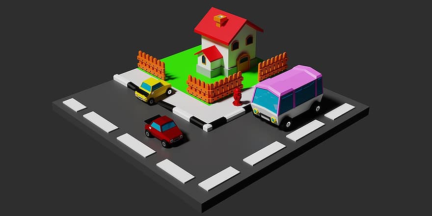 hus, 3d, bil, buss, staket, lowpoly, transport, vektor, trafik, landfordon, illustration