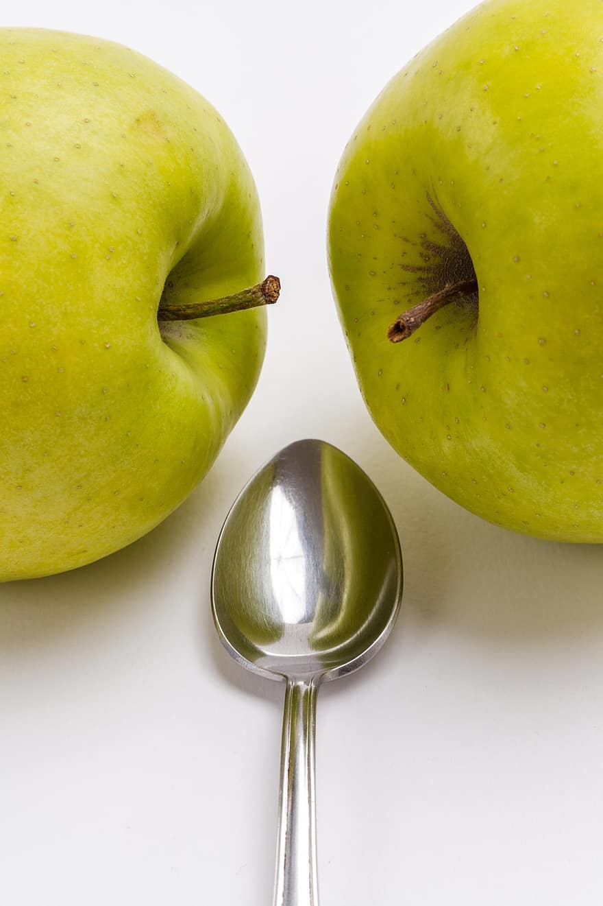 almák, kanál, gyümölcs, édes, élelmiszer, egészséges, friss, ezüst, diéta, szárak