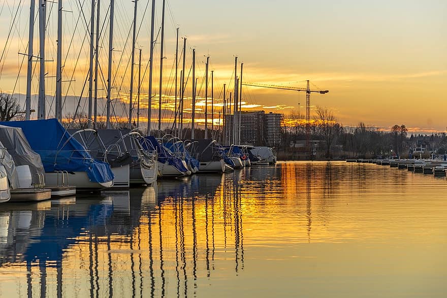Balaton-järvi, auringonlasku, portti, Unkari, marina, iltahämärä, veneet, merenkulkualus, jahti, vesi, hämärä