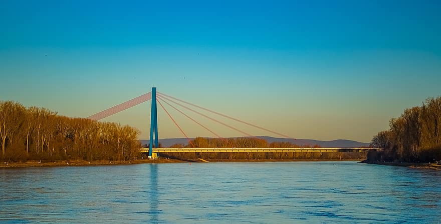Most w Speyer, rzeka Ren, zachód słońca, most, ren, architektura, woda, niebieski, zmierzch, znane miejsce, transport