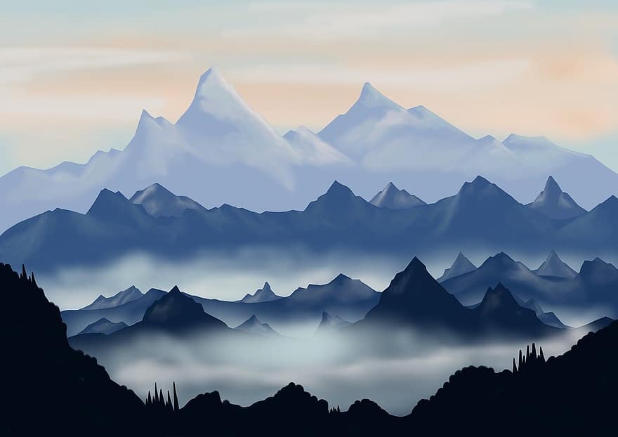 arta digitala, peisaj, fantezie, desen, ceaţă, munţi, meşteşuguri