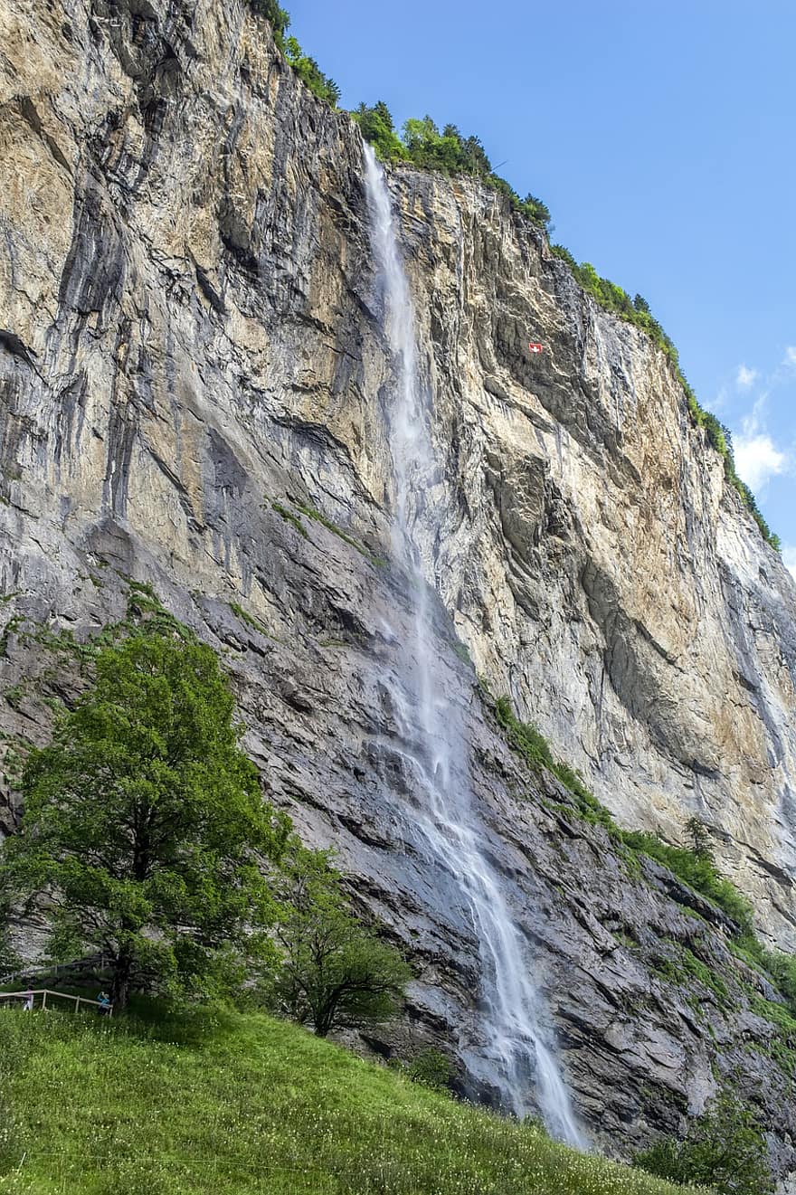 Góra, wodospad, woda, Natura, niebo, Szwajcaria