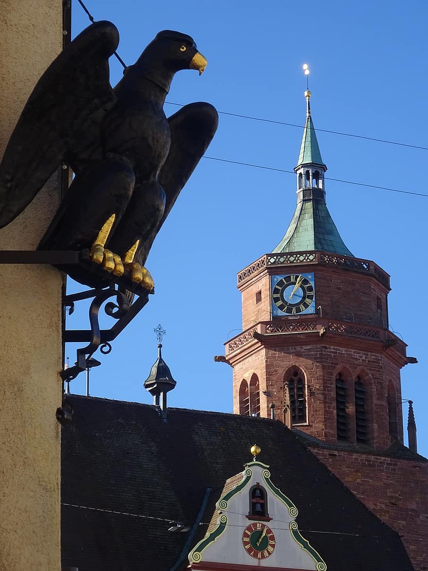 Águia, escultura, torre da igreja, Torre do Relógio, Igreja, construção, pássaro, estátua, histórico