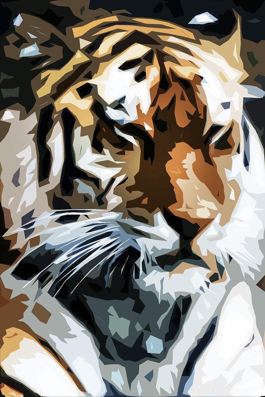 Tiger, Beast, Big Cat, Striped, Mustache, Predator, Peaceful, Facial, állatportré, Illustration, Digital Art