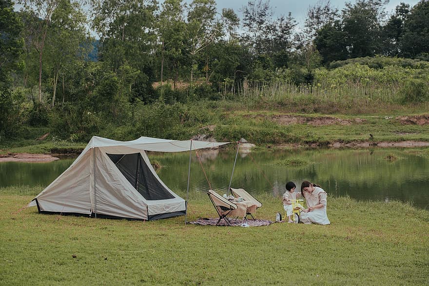 camping, moeder en kind, lakeside, familie, tent, picknick, zomer, mannen, vrouw, vakanties, ontspanning