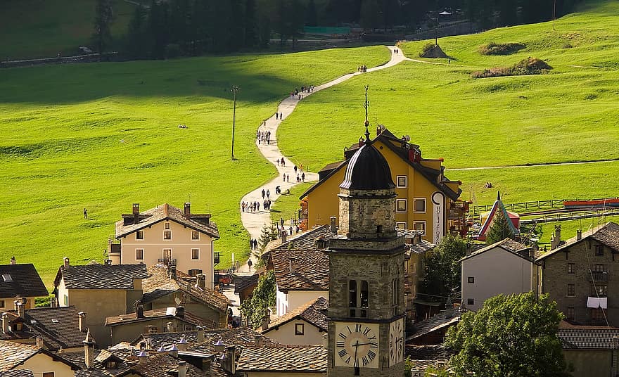Chiesa, villaggio, strada, erba, a piedi, Valle d'Aosta, turista, vacanza