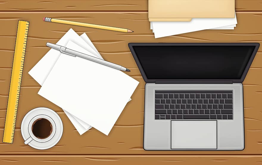 desktop-, laptop, spațiu de lucru, Zona de lucru, birou, papetărie, hârtii, ceașcă de cafea, cană de cafea, spațiu de birou, plat