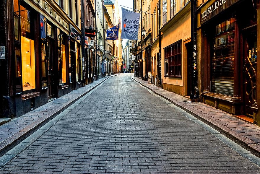 Stockholm, Zweden, oude stad, straat, shops, lappen, straatkei