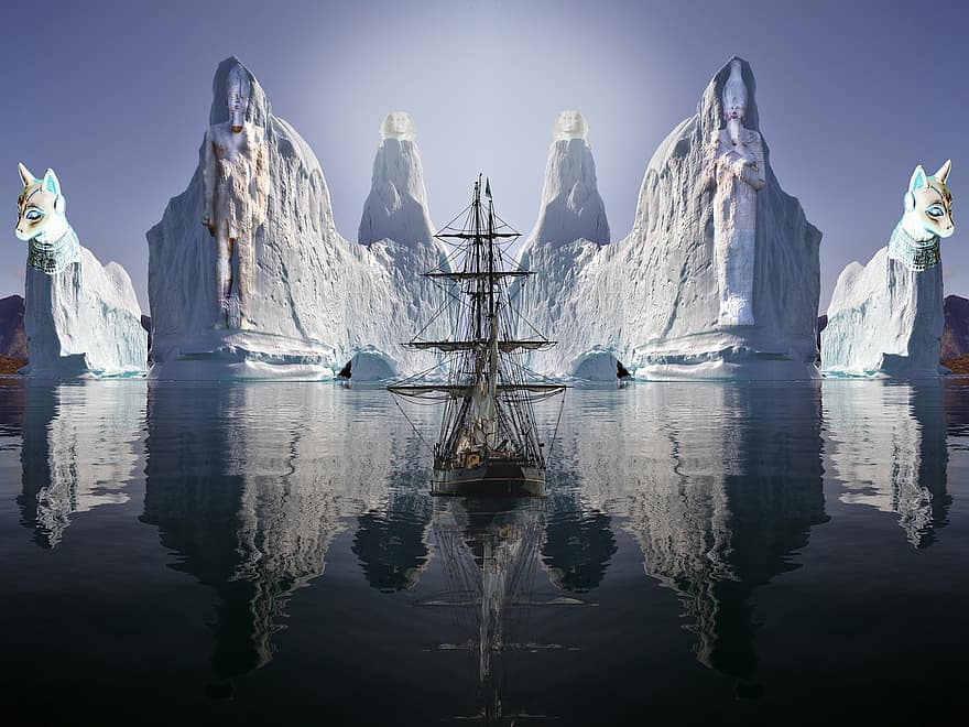 iceberg, vaixell, oceà, aventura, explorar