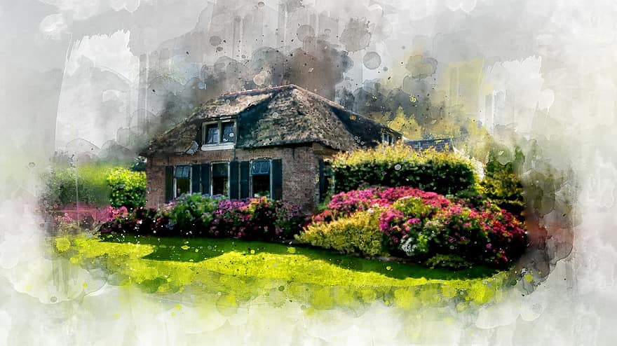 Koti, puutarha, akvarelli, talo, puutarhanhoito
