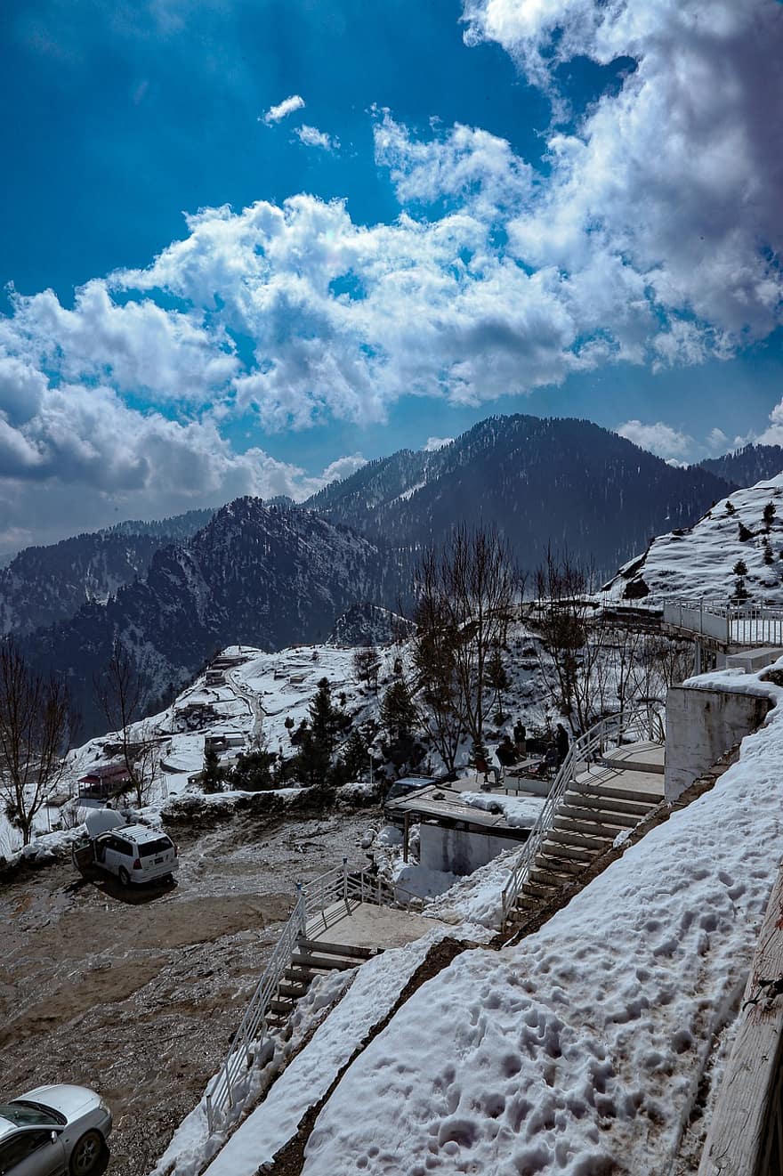 montañas, pueblo, invierno, naturaleza, Pakistán, cima de una colina, día soleado, paisaje, montaña, nieve, pico de la montaña