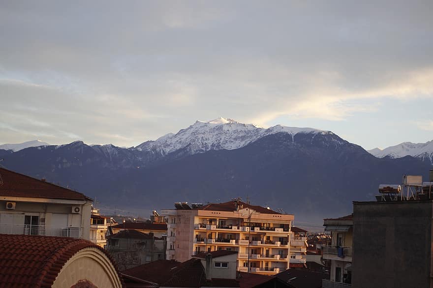 munţi, zori de zi, dimineaţă, Olimp, Grecia, peisaj, Munte, acoperiş, zăpadă, arhitectură, peisaj urban