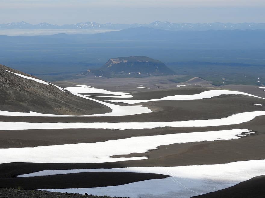 munţi, vulcani, Kamchatka, piciorul, vară, zăpadă, zapada, platou