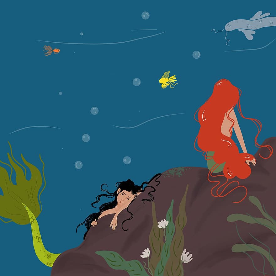 sereias, embaixo da agua, mulheres, fêmeas, criaturas míticas, desenho digital, arte digital