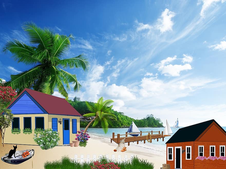 будинків, Пляжний, море, океану, маленький будинок, Чорна кішка, приморський, кущ, пальмові дерева, котедж, квіти