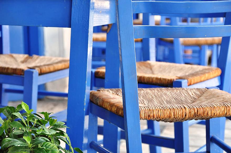 židle, rákos, modré židle, sedět, dřevo, dřevěný, modrý stůl, nábytek, proutěný