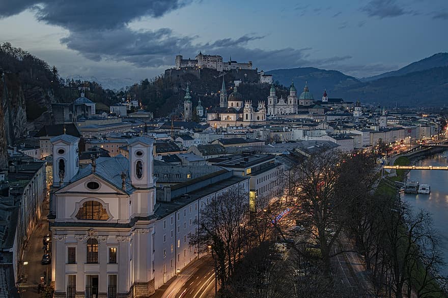 Salzburg, město, noc, světla, řeka, kostel, katedrála, pevnost, hrad, mezník, pevnost hohensalzburg