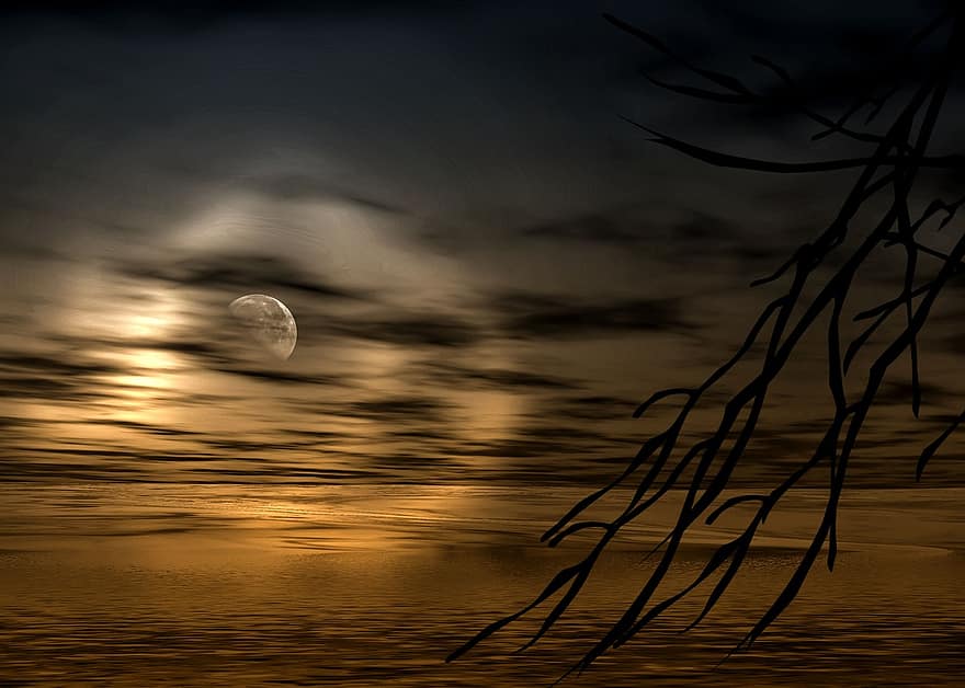 луна, облаци, вода, пълнолуние, нощ, небе, осветление, настроение, призрачен