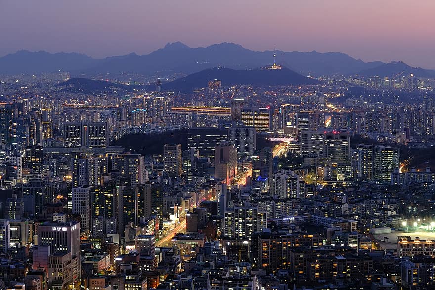 por do sol, visão noturna, cidade, brilho, Seul, noite, montanha, paisagem urbana, horizonte urbano, crepúsculo, arranha-céu