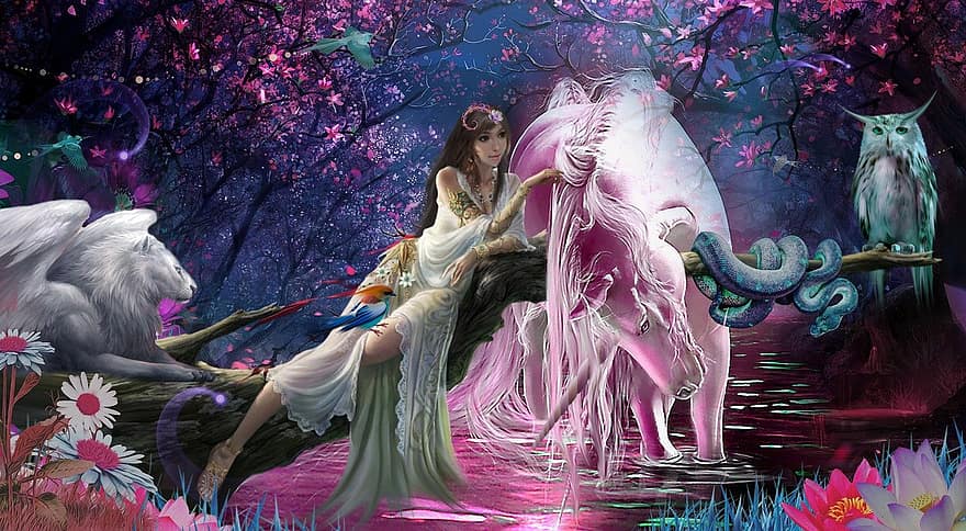 kadın, tek boynuzlu at, fantezi, orman, tasavvufi, rüya, büyülü, melek, peri, kelebek, sihirli