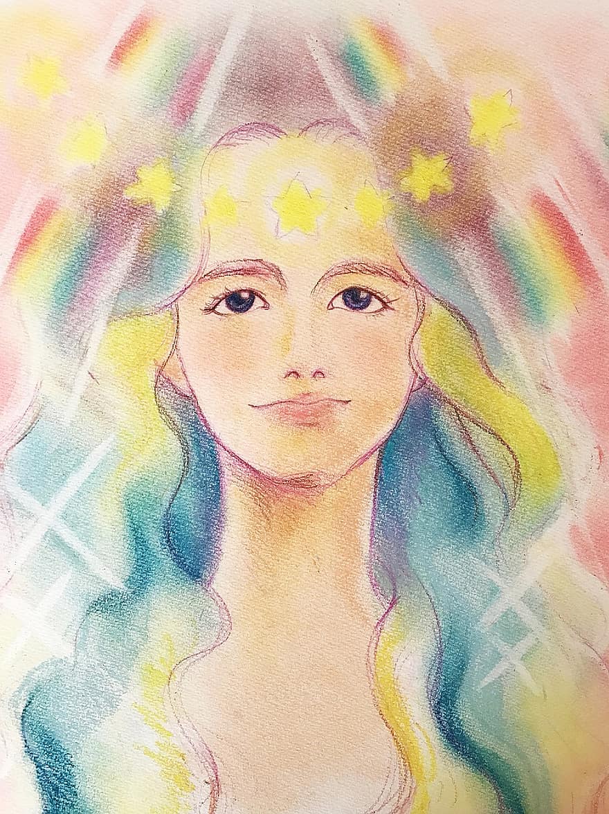 ängel, gudinna, pastell, konst