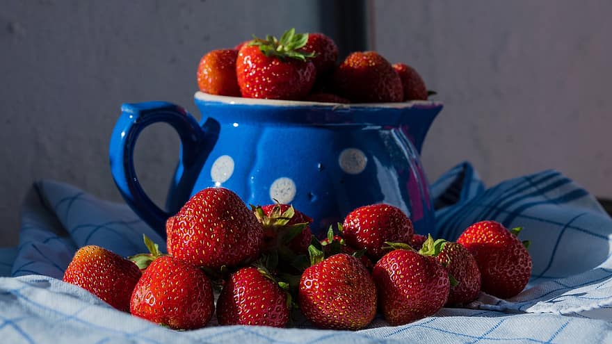 jordbær, mugge, melkekaraffel, nostalgi, blå, årgang, retro, gammel, antikk, 60s, historie