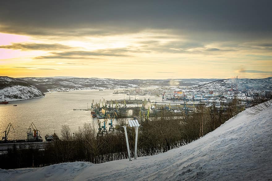vinter, hav, Murmansk, havn, snø, bukt, by, Russland, industri, landskap, fjell