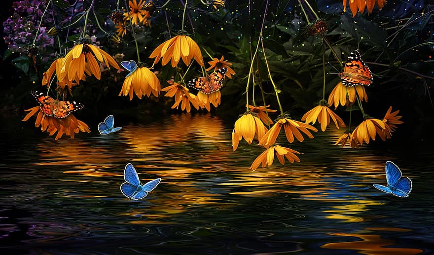 жълти цветя, пеперуди, езеро, заден план, тапети